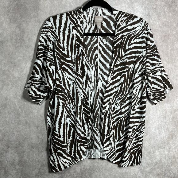 Chico's Cardigan Sweater Womens Size 2 US Large Brown White‎ Zebra Striped Open - Picture 1 of 10